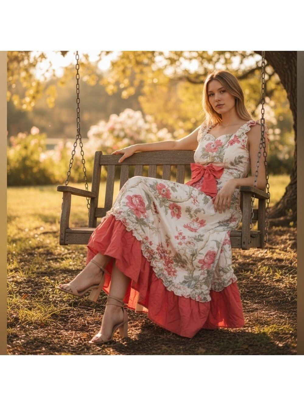🎉HP🎉Victorian Choice Floral Cottagecore Midi Dress w/ Coral Ruffle Bow - Small - Picture 5 of 11
